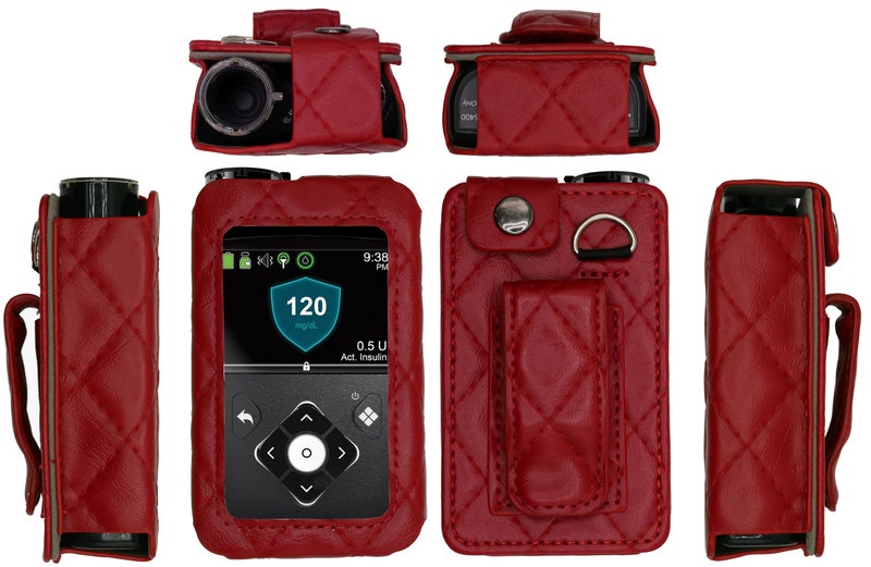 SNK حافظة جلدية ملائمة مزخرفة مع واقي شاشة وحبل لحمل مضخة الأنسولين ميدترونيك ميني ميد 630G 640G 650G 670G 770G 780G حمراء
