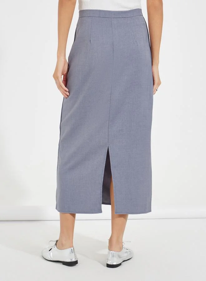 Styli Tailored Twill Midi Skirt with Back Slit
