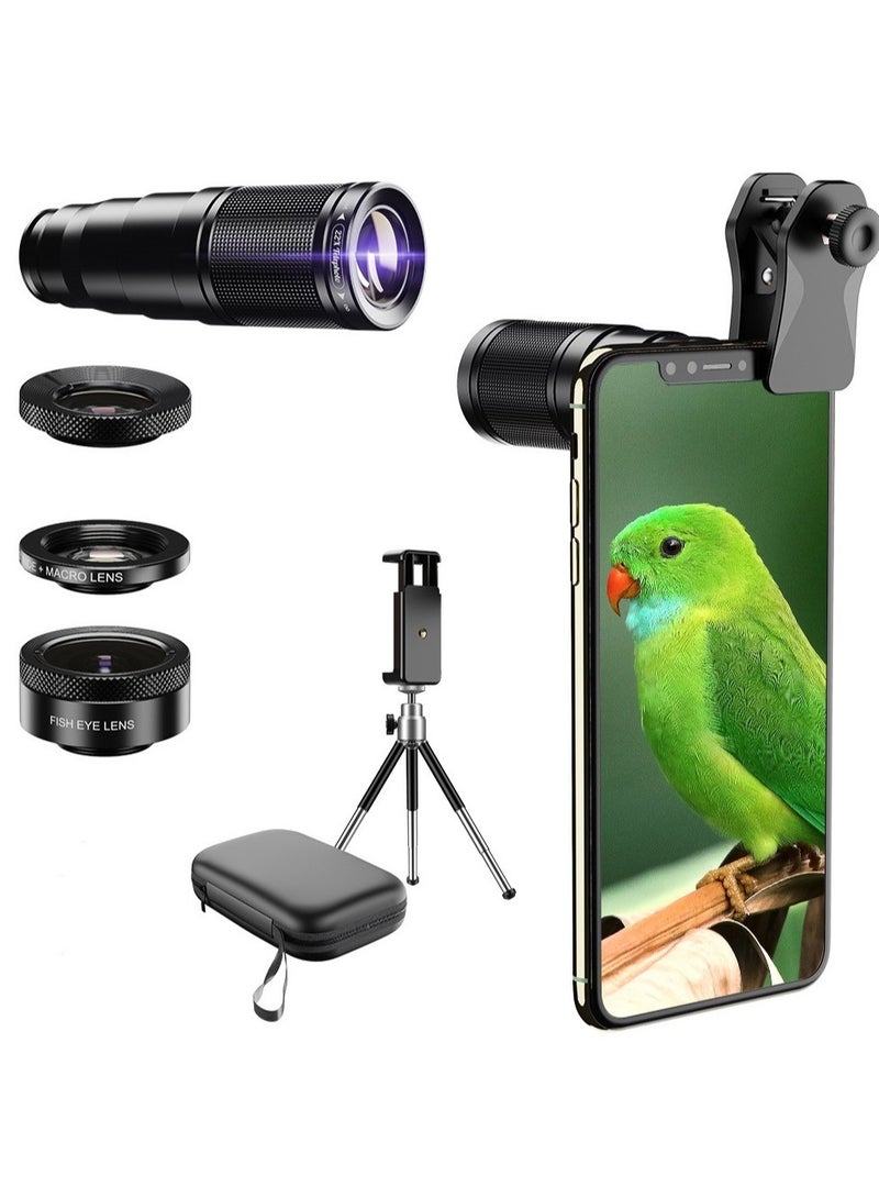 4 in 1 Optic HD Phone Camera Lens Kit Telephoto Zoom Monocular Telescope 22X Lens + Macro Wide Fisheye With Remote Tripod - Image 3