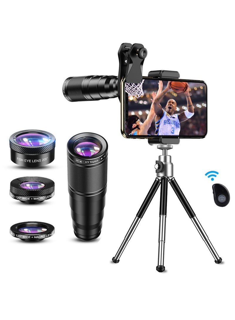 4 in 1 Optic HD Phone Camera Lens Kit Telephoto Zoom Monocular Telescope 22X Lens + Macro Wide Fisheye With Remote Tripod - Image 1