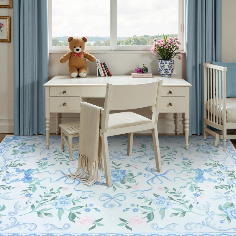 Collive Blue Floral Rugs for Girls, 5x7 Washable Bow Area Rug for Living Room, Cute Ultra-Thin Non Slip Indoor Decor Carpet for Nursery Kids Room Bedroom Playroom (Blue 5' x 7') - Image 3