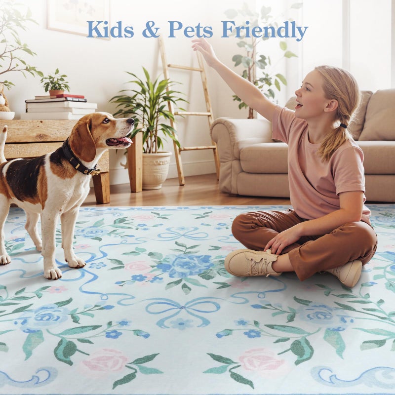 Collive Blue Floral Rugs for Girls, 5x7 Washable Bow Area Rug for Living Room, Cute Ultra-Thin Non Slip Indoor Decor Carpet for Nursery Kids Room Bedroom Playroom (Blue 5' x 7') - Image 4