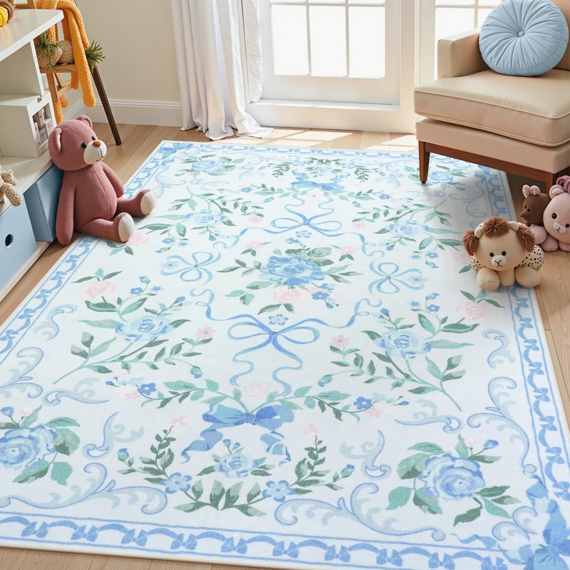 Collive Blue Floral Rugs for Girls, 5x7 Washable Bow Area Rug for Living Room, Cute Ultra-Thin Non Slip Indoor Decor Carpet for Nursery Kids Room Bedroom Playroom (Blue 5' x 7') - Image 1