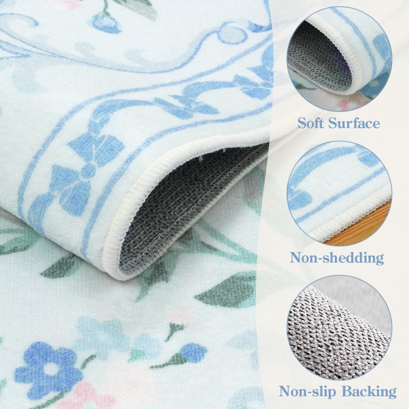 Collive Blue Floral Rugs for Girls, 5x7 Washable Bow Area Rug for Living Room, Cute Ultra-Thin Non Slip Indoor Decor Carpet for Nursery Kids Room Bedroom Playroom (Blue 5' x 7') - Image 5