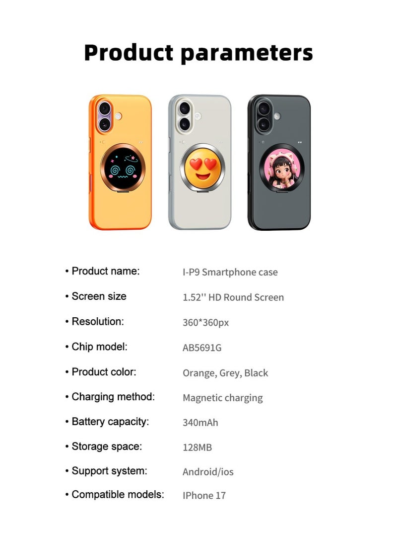 جراب ذكي لهاتف iPhone 17، ثلاثة ألوان للاختيار الأسود والرمادي والبرتقالي، شاشة ذكية تعمل بالبلوتوث، حامل مغناطيسي قابل للطي، معاينة الكاميرا، إشعارات فورية، غطاء حماية كامل من TPU + PC - Image 4
