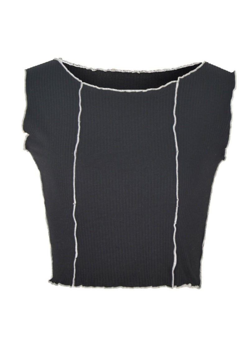 Loquat Women's Fashion Simple Summer Stitching Round Neck Slim Short Vest
