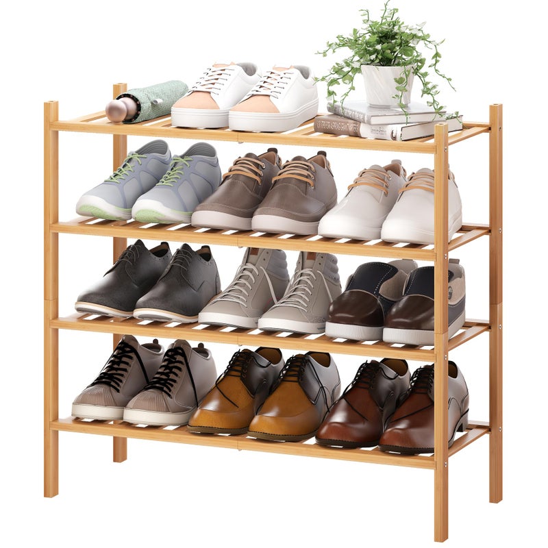 BMOSU 4Tier Bamboo Shoe Rack Premium Stackable Shoe Shelf Storage Organizer for Hallway Closet Living Room Entryway Organizer Natural Bamboo