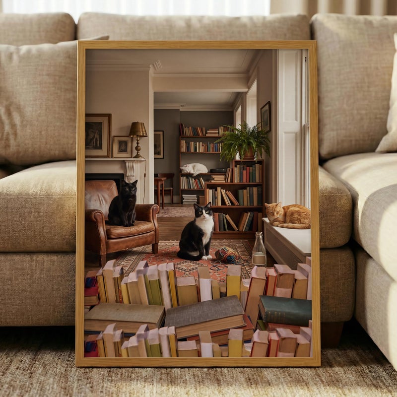 TNESSENTIAL Reading Cats Print – Cozy Library Wall Art, Funny TV Parody Poster, Book Lover Cat Decor, Dark Academia Art, Vintage Reading Room - Image 5