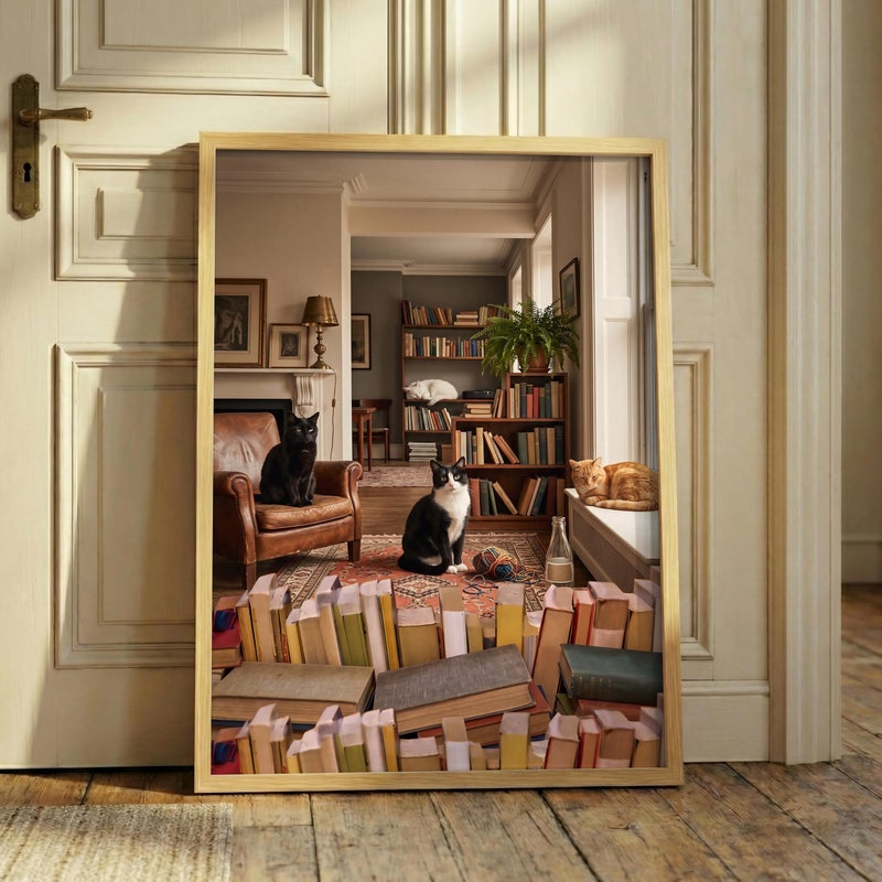 TNESSENTIAL Reading Cats Print – Cozy Library Wall Art, Funny TV Parody Poster, Book Lover Cat Decor, Dark Academia Art, Vintage Reading Room - Image 1