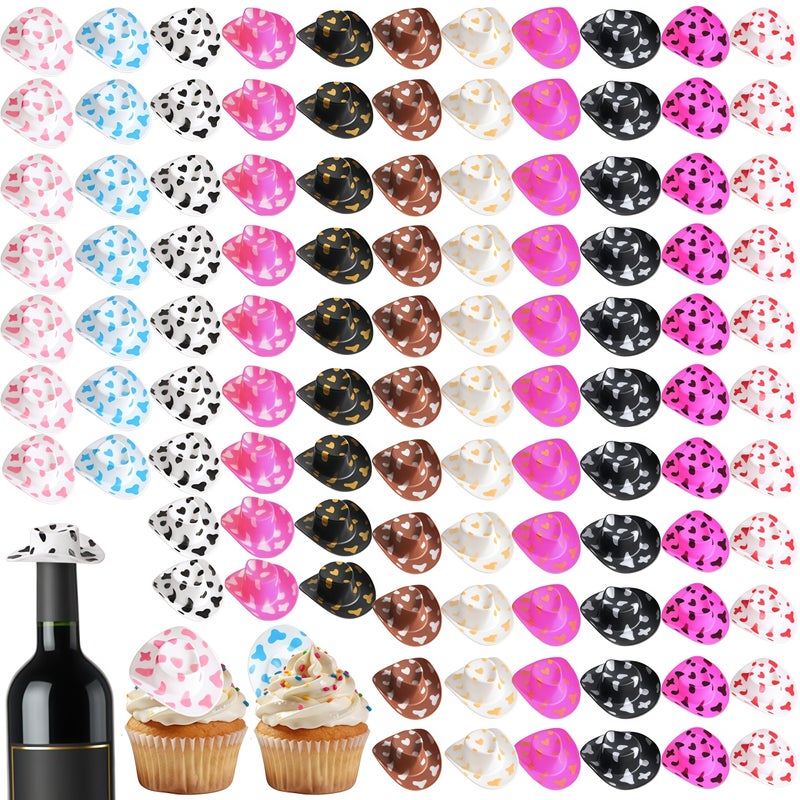 Cididu 110 Pcs Mini Cowboy Hats Plastic Tiny Cowboy Hat for Party 2 Inch Miniature Western Cowboy Cowgirl Hat for Crafts Small Doll Hats for Pet Cake Cupcake Bottle Decor Outdoor Party Cow Print - Image 3