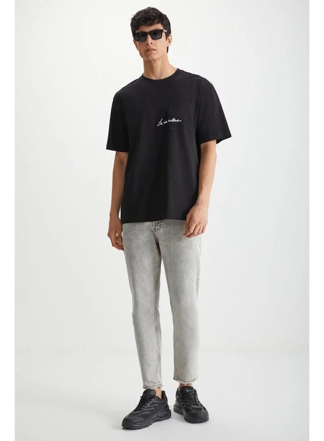 GRIMELANGE Kravın Men's 100% Cotton Bike Neck Printed Black T-shirt.