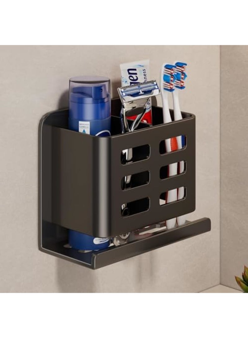 SYOSI Wall-Mounted Toothbrush Holder, Aluminum Material Shower Shaver Storage Rack, No Drilling Required, Removable Toothpaste Storage Rack for Bathroom Organization (Black) - Image 1