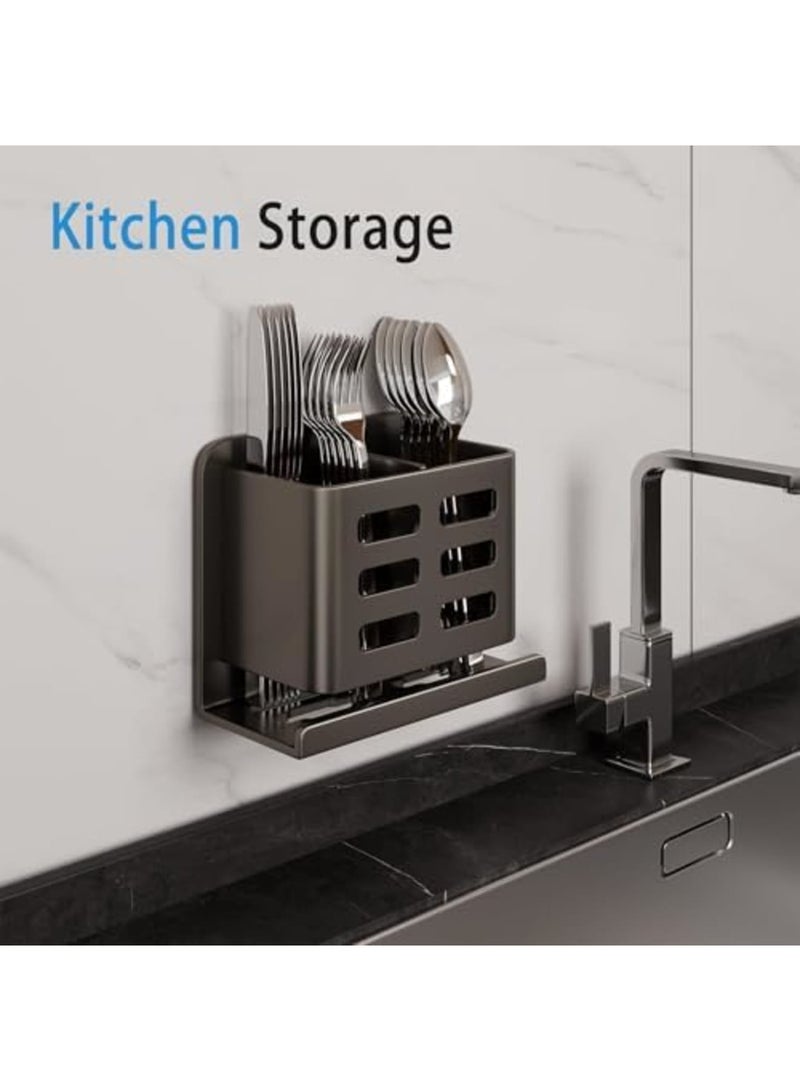 SYOSI Wall-Mounted Toothbrush Holder, Aluminum Material Shower Shaver Storage Rack, No Drilling Required, Removable Toothpaste Storage Rack for Bathroom Organization (Black) - Image 2