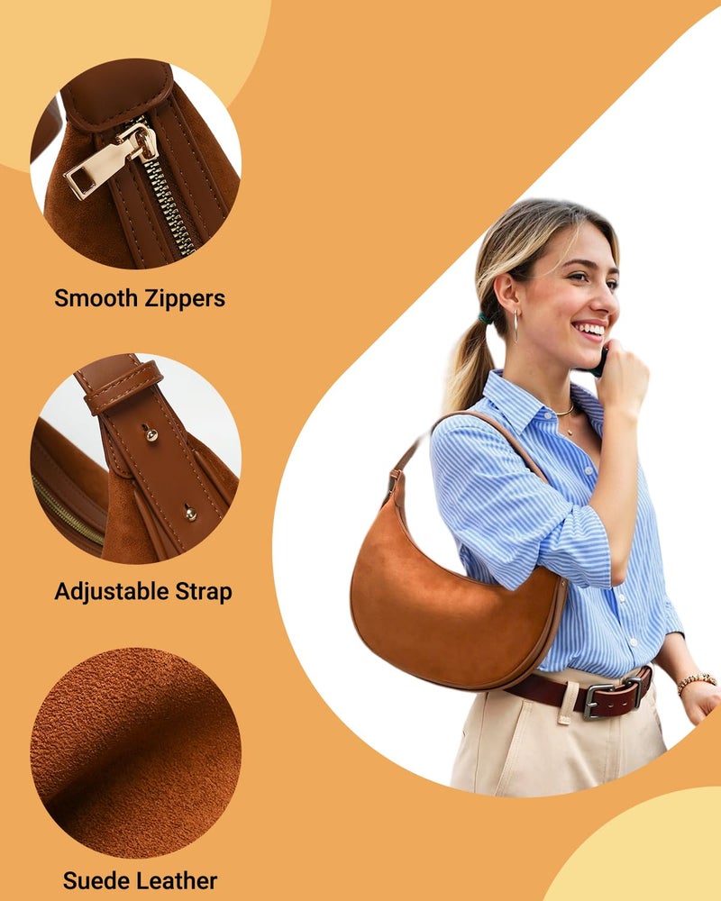 Herald Suede Crossbody Bag for Women, Vintage Hobo Handbag Crescent Shoulder Purses with Adjustable Strap Winter Fall (Suede Brown) - Image 2