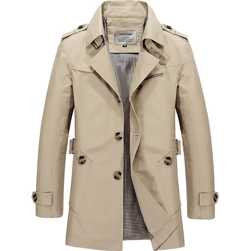 DAVID.ANN Men's Windbreaker Notch Lapel Single Breasted Coat,Light khaki,Medium - Image 1