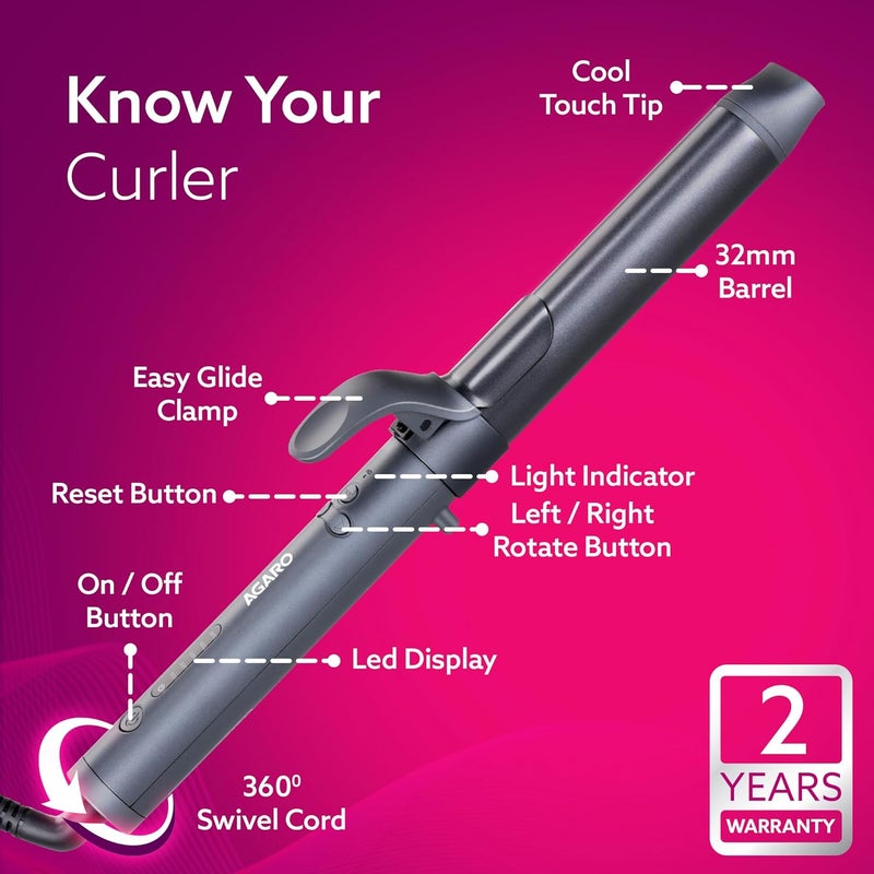 AGARO Prima Rotating Hair Curler, 32 mm Ceramic coated barrel, Automatic Curling, Fast Heating, Ceramic Coated Titanium Barrel for Long/Medium Hair, Professional Self Curling Hair Styler, For Women, Black - Image 5