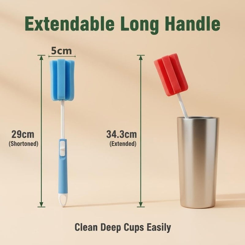 VASANA 3PCS Adjustable Sponge Cleaning Brush Bottle Cleaning Brush with Plastic Long Handle Cup Cleaner for Coffee Glasses Pot Milk Cup Mugs - Image 2