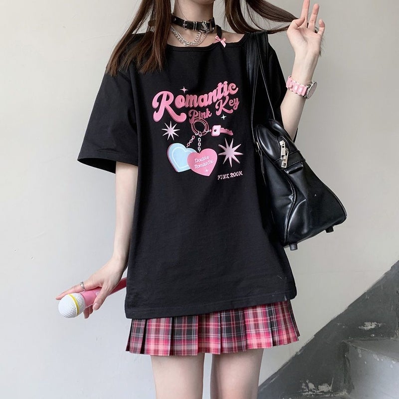 Black And White Off-Shoulder Short-Sleeved T-Shirt Women'S Summer Japanese Soft Girl Jk Top Cute Sweet Cool Harajuku Ins Trendy - Image 1