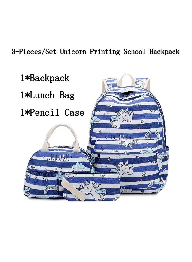 3-Pieces/Set Unicorn Printing School Backpack,Teen Girls Bookbag with Lunch Bag and Pencil Case - Image 1