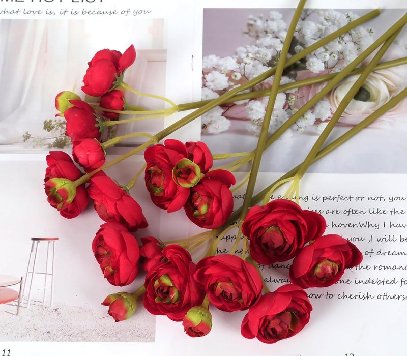 IPOPU زهور صناعية من نوع Ranunculus بلون أحمر من ، 2 باقة، زهور حريرية حمراء مع سيقان، 12 قطعة، زهور مزيفة صغيرة لتعبئة الوعاء، لتزيين الزفاف أو حفلات الاستقبال - Image 5