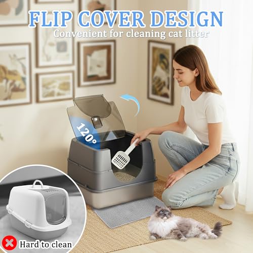 Tehoao Enclosed Cat Litter Box with Flip-Top Lid, Stainless Steel Large Covered Litter Box, High Sided Metal Litter Pan with Litter Scoop & Mat, Odor Control, Leak Proof, Easy Cleaning, Grey - Image 2