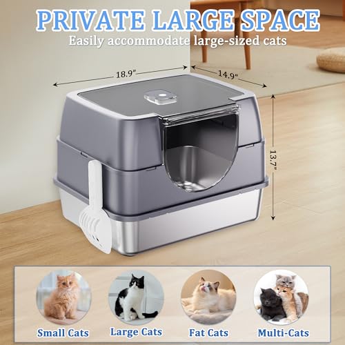 Tehoao Enclosed Cat Litter Box with Flip-Top Lid, Stainless Steel Large Covered Litter Box, High Sided Metal Litter Pan with Litter Scoop & Mat, Odor Control, Leak Proof, Easy Cleaning, Grey - Image 5