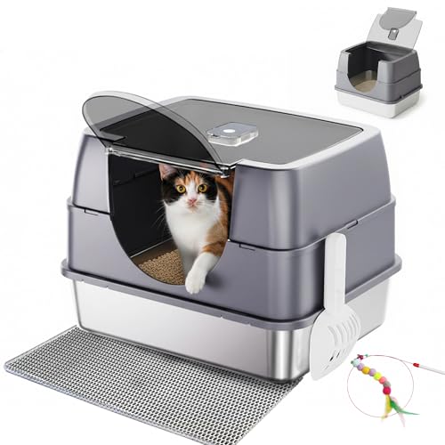Tehoao Enclosed Cat Litter Box with Flip-Top Lid, Stainless Steel Large Covered Litter Box, High Sided Metal Litter Pan with Litter Scoop & Mat, Odor Control, Leak Proof, Easy Cleaning, Grey - Image 1