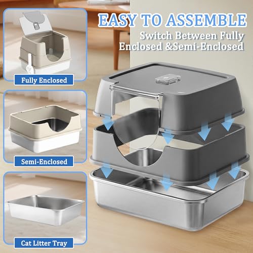 Tehoao Enclosed Cat Litter Box with Flip-Top Lid, Stainless Steel Large Covered Litter Box, High Sided Metal Litter Pan with Litter Scoop & Mat, Odor Control, Leak Proof, Easy Cleaning, Grey - Image 3