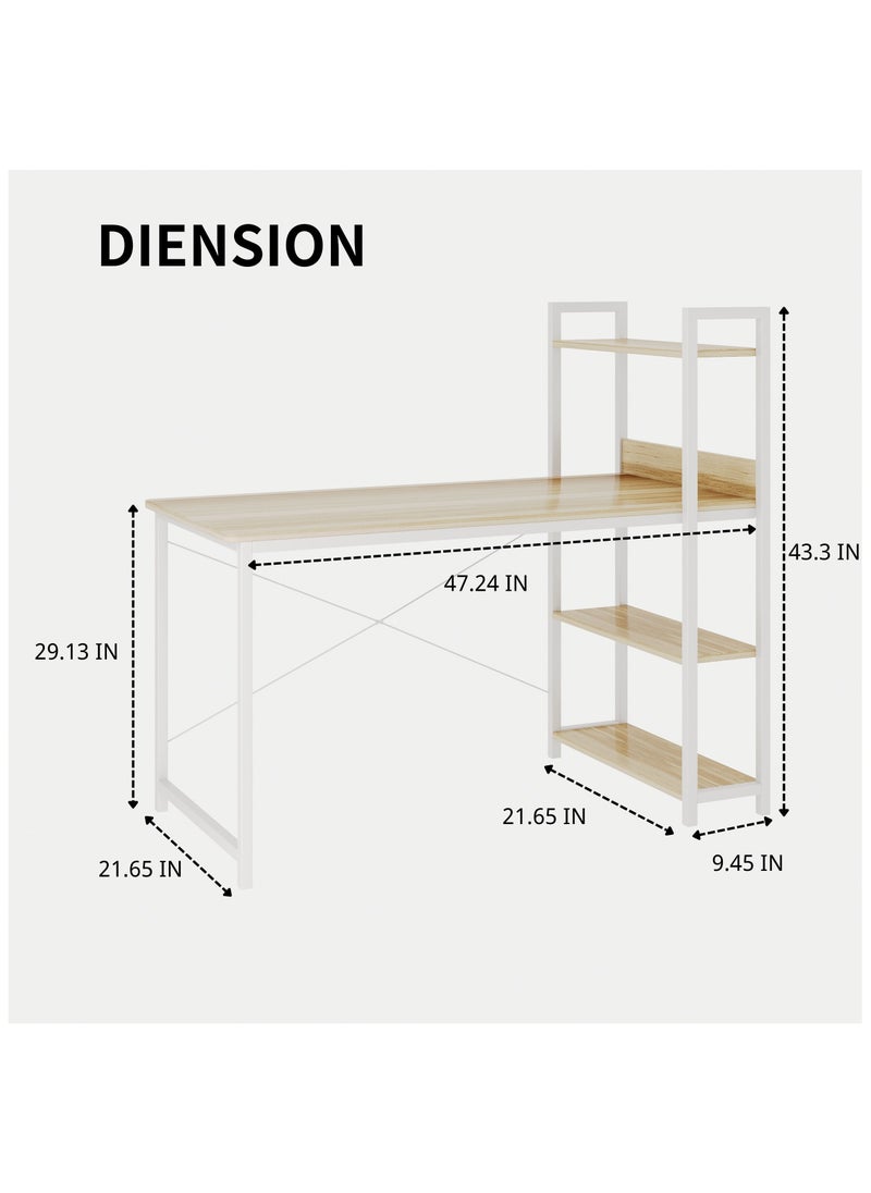 Computer Desk with 4 Tiers Shelves, Study Computer Table with Bookshelf for Home Office Workstation, Study Desk for Small Space, Industrial Modern Style(White) 47.24x21.65 inch