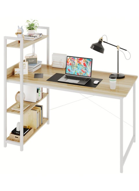 Computer Desk with 4 Tiers Shelves, Study Computer Table with Bookshelf for Home Office Workstation, Study Desk for Small Space, Industrial Modern Style(White) 47.24x21.65 inch