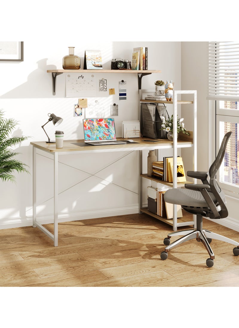 Computer Desk with 4 Tiers Shelves, Study Computer Table with Bookshelf for Home Office Workstation, Study Desk for Small Space, Industrial Modern Style(White) 47.24x21.65 inch