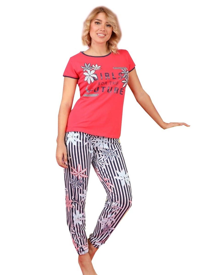 Ganna Women's short-sleeved pajama set and long pants made of cotton, comfortable for the home 