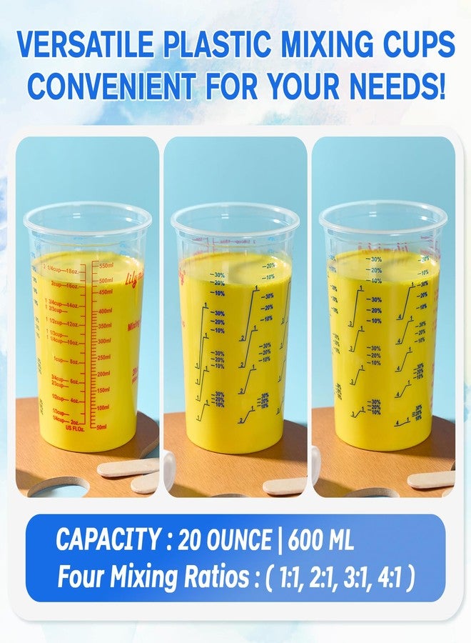 Lilymicky 100 Pack Plastic Mixing Cups, 20 oz (600ml), Disposable Measuring Cups with 50 Wooden Mixing Sticks, Measurement ratios: 2:1, 3:1, 4:1, Suitable for Epoxy Resin, Liquid Measuring, and Paint - Image 2