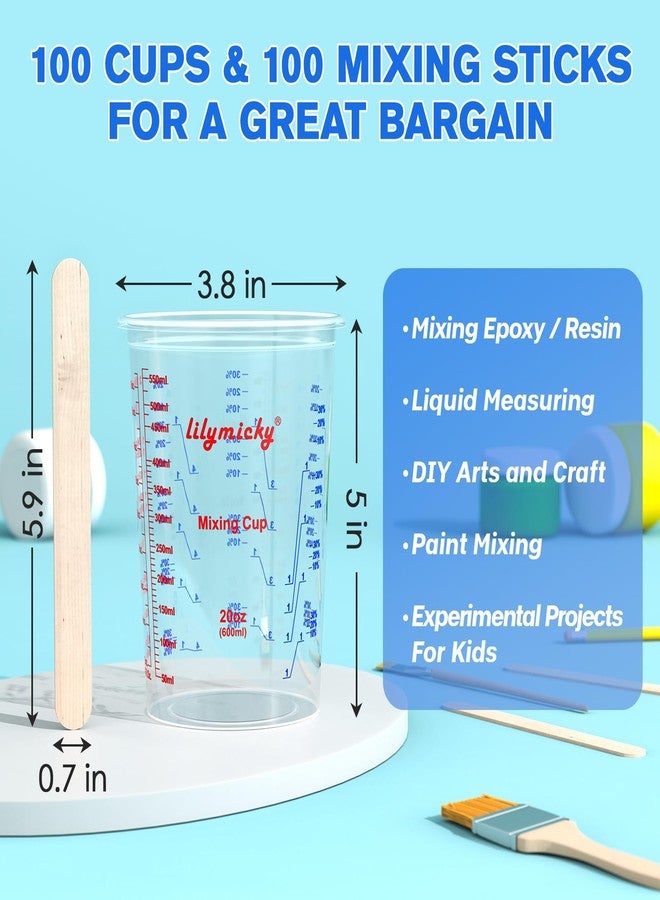 Lilymicky 100 Pack Plastic Mixing Cups, 20 oz (600ml), Disposable Measuring Cups with 50 Wooden Mixing Sticks, Measurement ratios: 2:1, 3:1, 4:1, Suitable for Epoxy Resin, Liquid Measuring, and Paint - Image 4