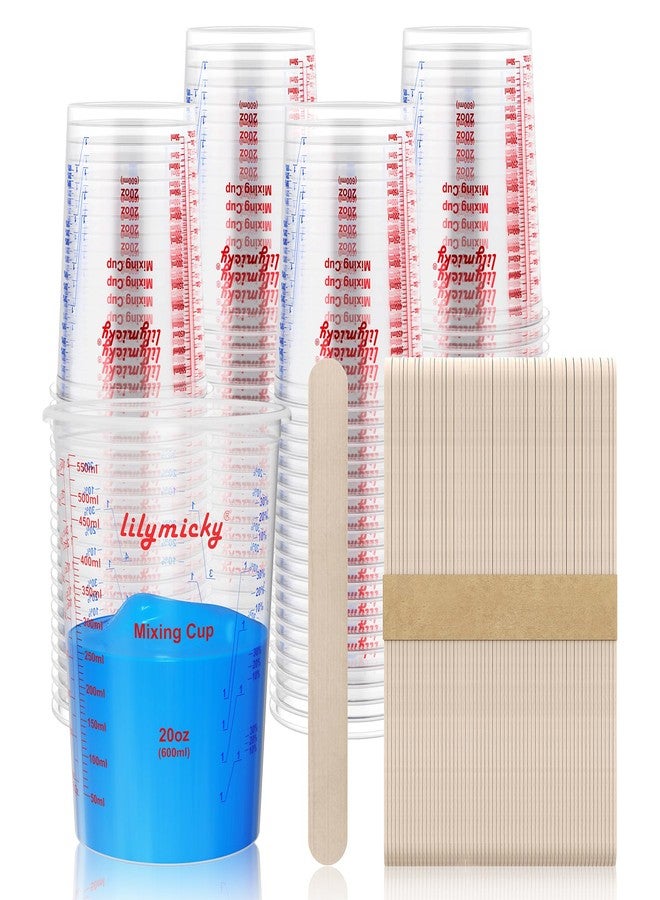Lilymicky 100 Pack Plastic Mixing Cups, 20 oz (600ml), Disposable Measuring Cups with 50 Wooden Mixing Sticks, Measurement ratios: 2:1, 3:1, 4:1, Suitable for Epoxy Resin, Liquid Measuring, and Paint - Image 1