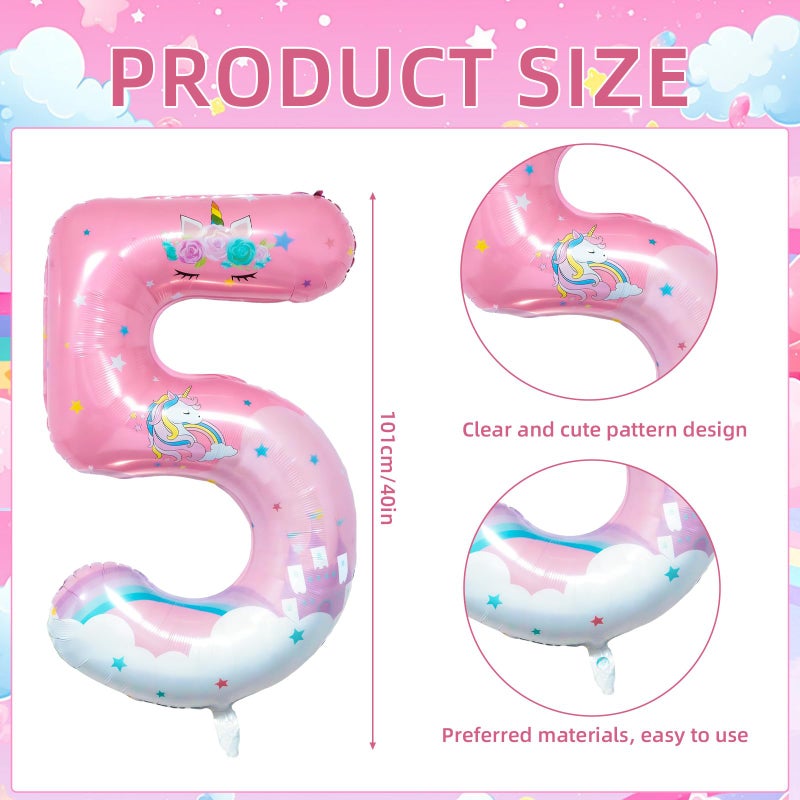 Lcoor Unicorn Birthday Decorations, 40inch Unicorn Number 5 Balloons for Rainbow Unicorn Party Supplies (5) - Image 2