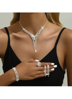 4Pcs Jewelry Set With Necklace Bracelet and Earrings, Full Rhinestone V Neck Necklace and Crystal Earrings, Party Wedding dress Accessories, Bridal Bridesmaid Costume,Jewelry Set for Women and Girls