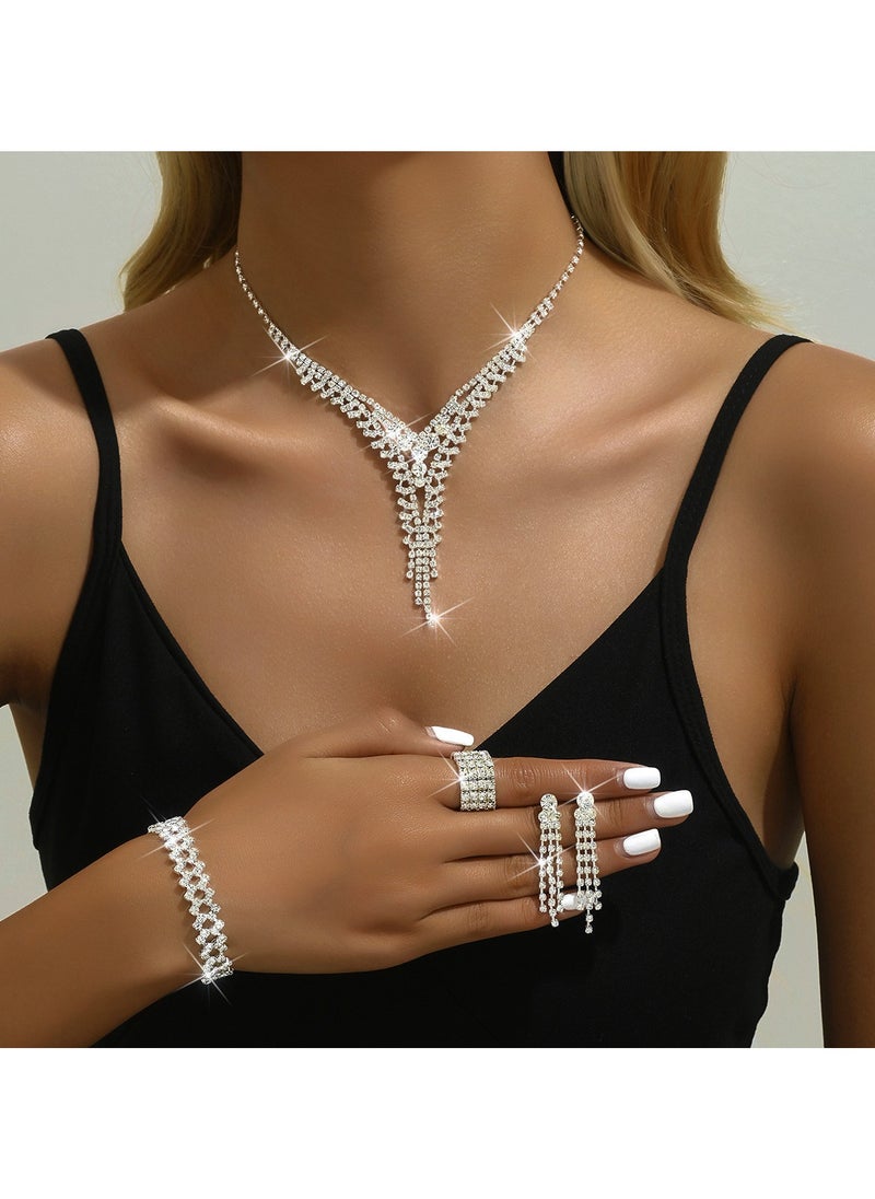 Miluraining - 4Pcs Jewelry Set With Necklace Bracelet and Earrings, Full Rhinestone V Neck Necklace and Crystal Earrings, Party Wedding dress Accessories, Bridal Bridesmaid Costume,Jewelry Set for Women and Girls - Image 1