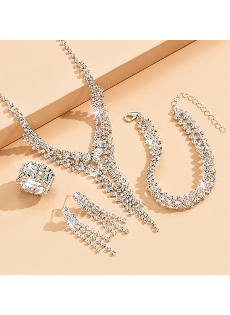 Miluraining - 4Pcs Jewelry Set With Necklace Bracelet and Earrings, Full Rhinestone V Neck Necklace and Crystal Earrings, Party Wedding dress Accessories, Bridal Bridesmaid Costume,Jewelry Set for Women and Girls - Image 1