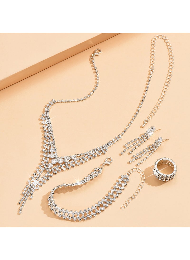 Miluraining - 4Pcs Jewelry Set With Necklace Bracelet and Earrings, Full Rhinestone V Neck Necklace and Crystal Earrings, Party Wedding dress Accessories, Bridal Bridesmaid Costume,Jewelry Set for Women and Girls - Image 1
