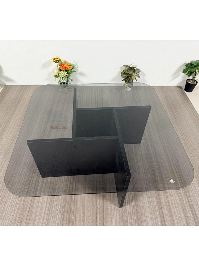 رافين متعددة الوظائف الحديثة الحد الأدنى تصميم الزجاج العلوي دائم الشكل الهندسي إطار خشبي طاولة القهوة طاولة مركزية لغرفة المعيشة غرفة نوم أثاث المكاتب المنزلية 70x70x30 سم - Image 2