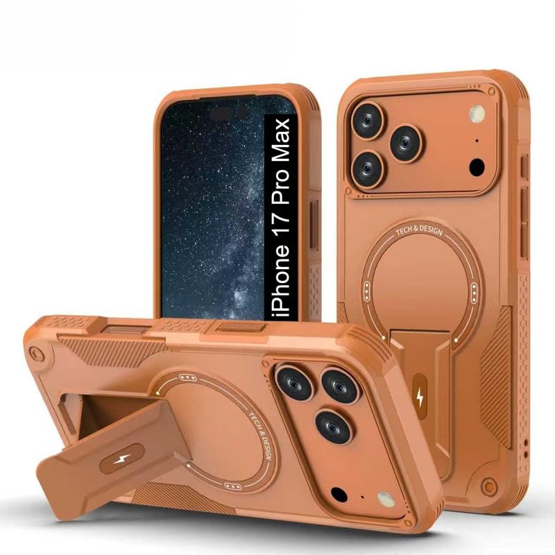 US LITE Back Cover for iPhone 17 Pro Max with Portable Kickstand | Mag-Safe Compatible Magnetic Case | Shockproof Military Grade Protection | Extreme Protection Phone Cover – Orange - Image 1