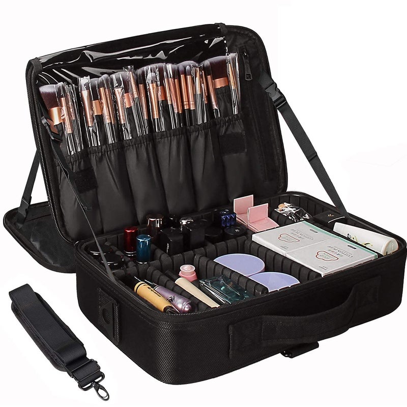 APOPHIS Makeup Organizer Bag for Women Girls Bride Travel Cosmetic Kit Storage Organiser Toiletry Vanity Box with Adjustable Compartment 26l x 23b x 9h cm Black Black Large 40L x 29B x 14H cm - Image 1