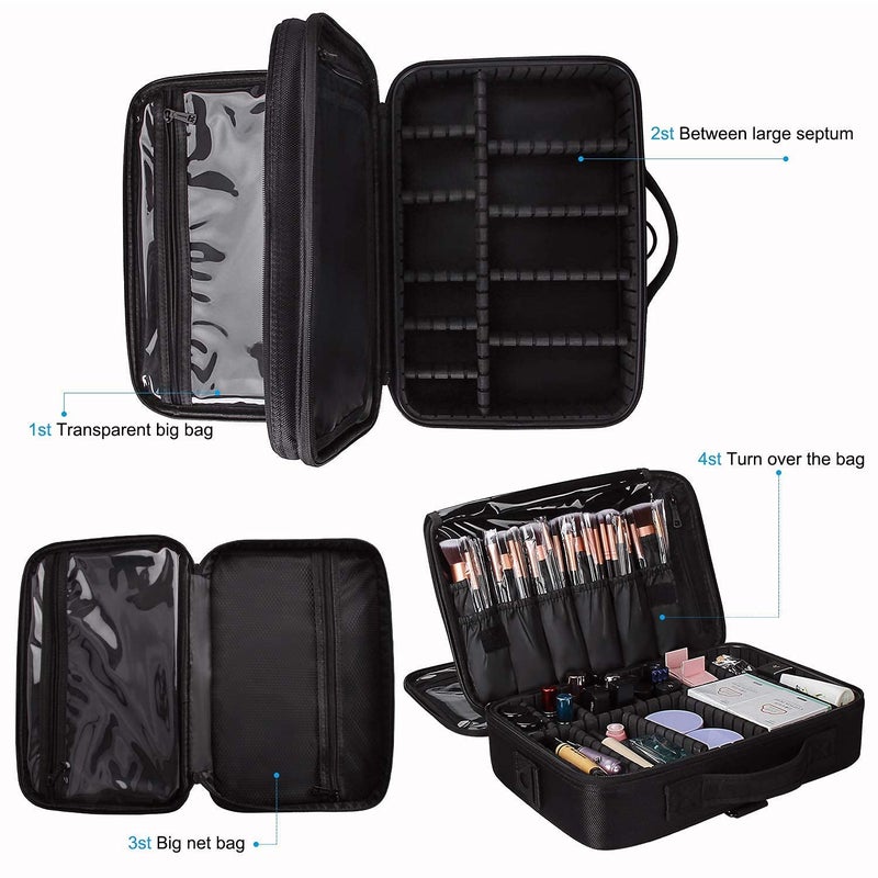 APOPHIS Makeup Organizer Bag for Women Girls Bride Travel Cosmetic Kit Storage Organiser Toiletry Vanity Box with Adjustable Compartment 26l x 23b x 9h cm Black Black Large 40L x 29B x 14H cm - Image 5