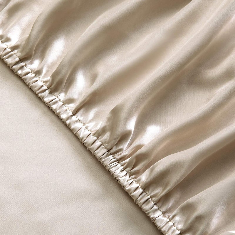 Satin Bed Sheets Set, 4 Pieces Cooling Soft and Wrinkle Hotel Luxury Silky Bedding Set, King Size, Khaki - Image 3
