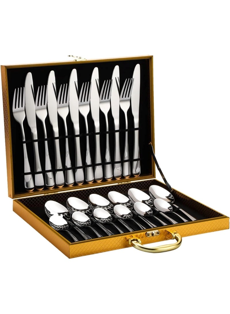 هويتك مجموعة أدوات مائدة فاخرة من الفولاذ المقاوم للصدأ مكونة من 24 قطعة من الملاعق والشوك والسكاكين، باللون الفضي - Image 1