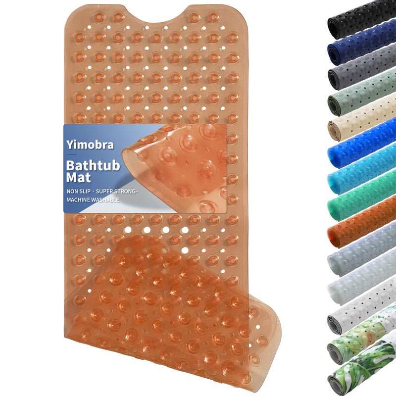 Yimobra Non Slip Bathtub Mat 40 x 16 Inch Extra Long Shower Mat with Drain Holes Machine Washable Baby Bath Mats Strong Suction Cups for Bathroom Floor Clear Brown