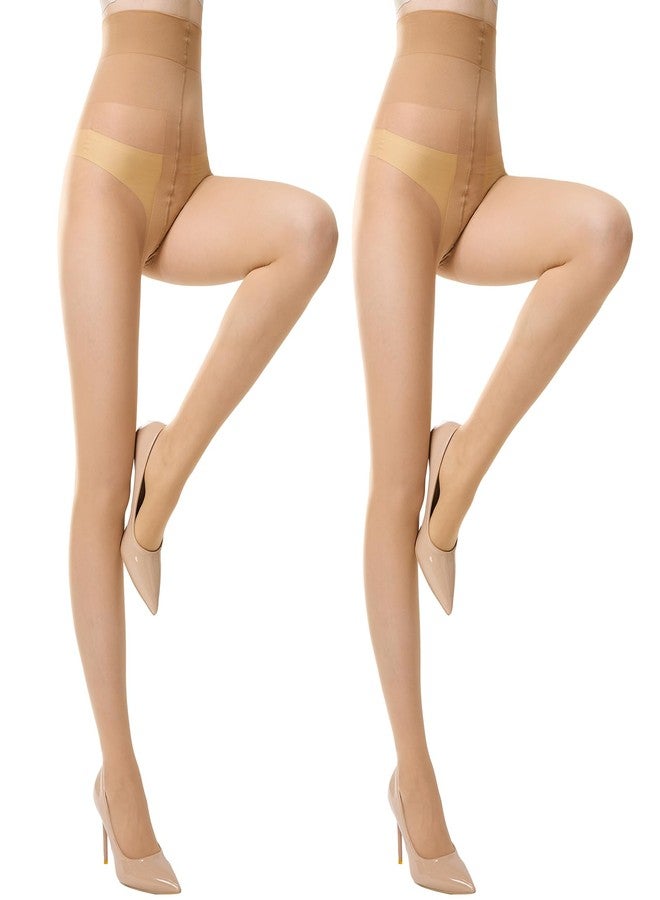 Aaronano 2 Pairs T-Crotch Rip Resistant High Waist Pantyhose with Reinforced Toes, 10 Denier Ultra Thin Sheer Tights for Women Natural Skin - Image 1