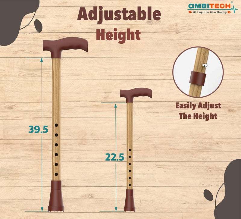 AmbiTech Premium MS Height Adjustable Single Walking Stick with| Wooden Finish |Made in India - Image 3