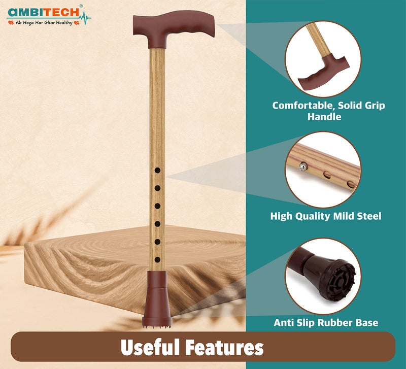 AmbiTech Premium MS Height Adjustable Single Walking Stick with| Wooden Finish |Made in India - Image 2